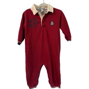 Vintage Y2K 00s Maroon Baby Boy Romper Collared Soccer winter streetwear 12month